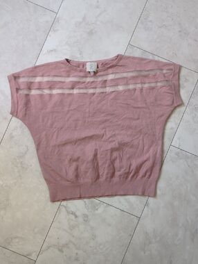 Sioni Pink Sheer-Strip Knit Short Sleeve Top